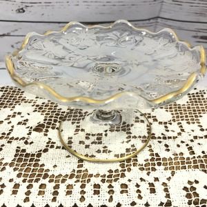 Glass Etched Pedestal Compote Dish Gold Trim